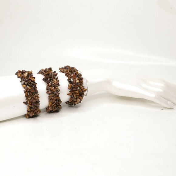 Tiger Eye Chip Stone Bracelets x 3 Stretch Brown Classic Natural Gemstone Strand - Picture 10 of 11